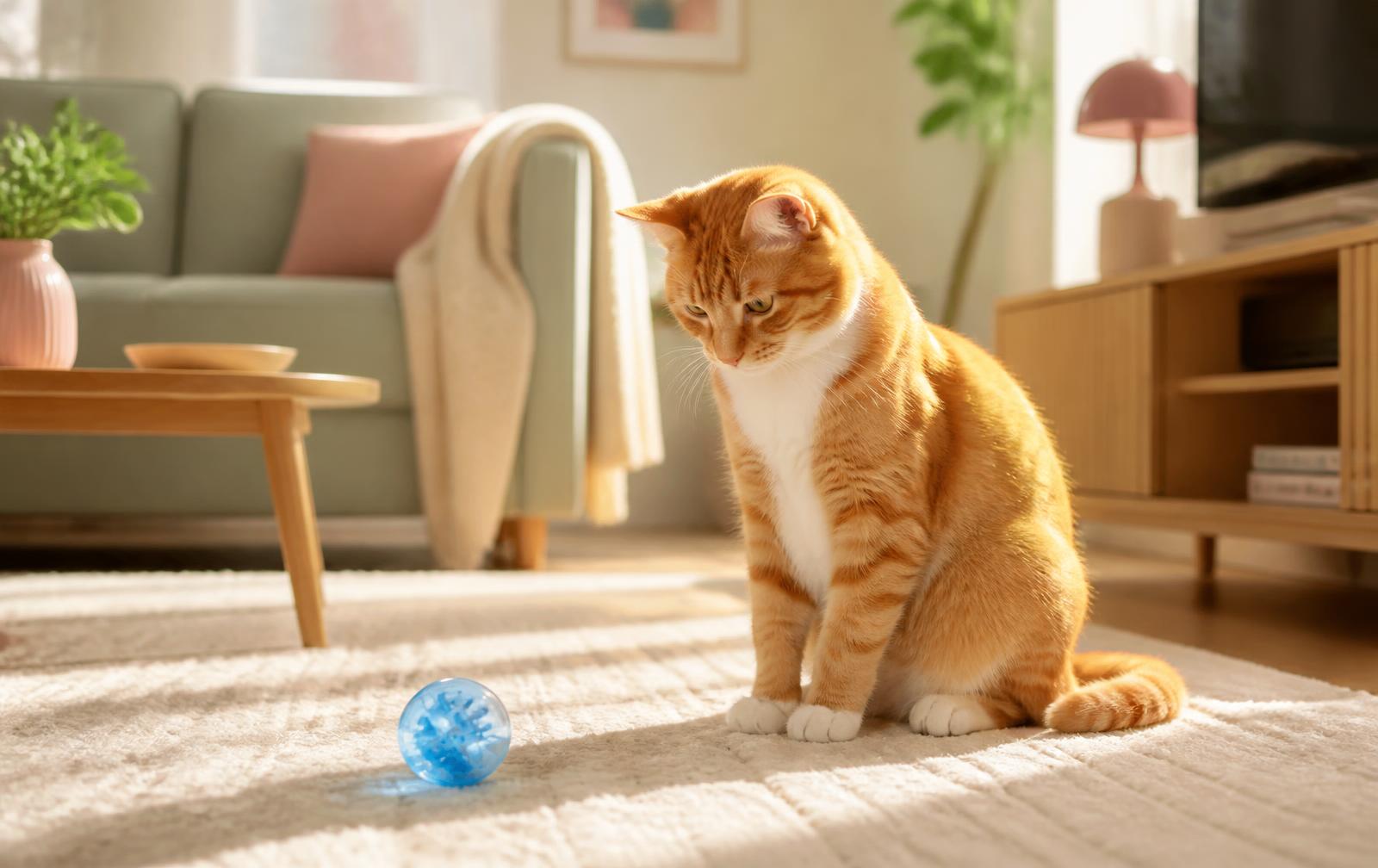 Ginger cat watching a self-rolling cat ball on a cream rug